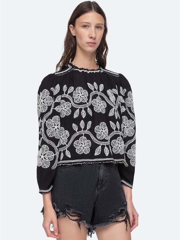 Sea New York Black Embroidered Floral Peasant Top